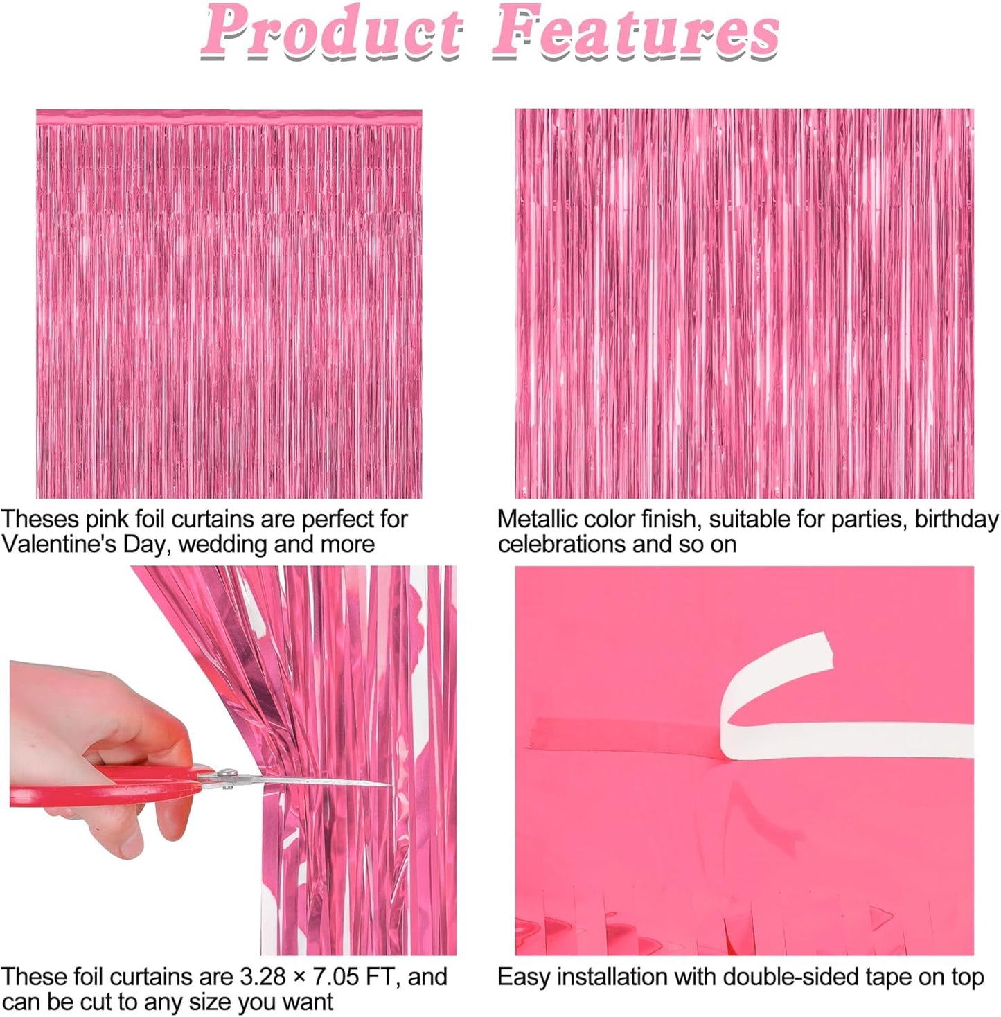 12 Pack Pink Backdrop, 3.28 FT x 7.05 FT Foil Fringe Curtains, Metallic Pink Tinsel Curtain Party Streamer Birthday Backdrop for Girl, Brithday Decorations Bachelorette Party Supplies