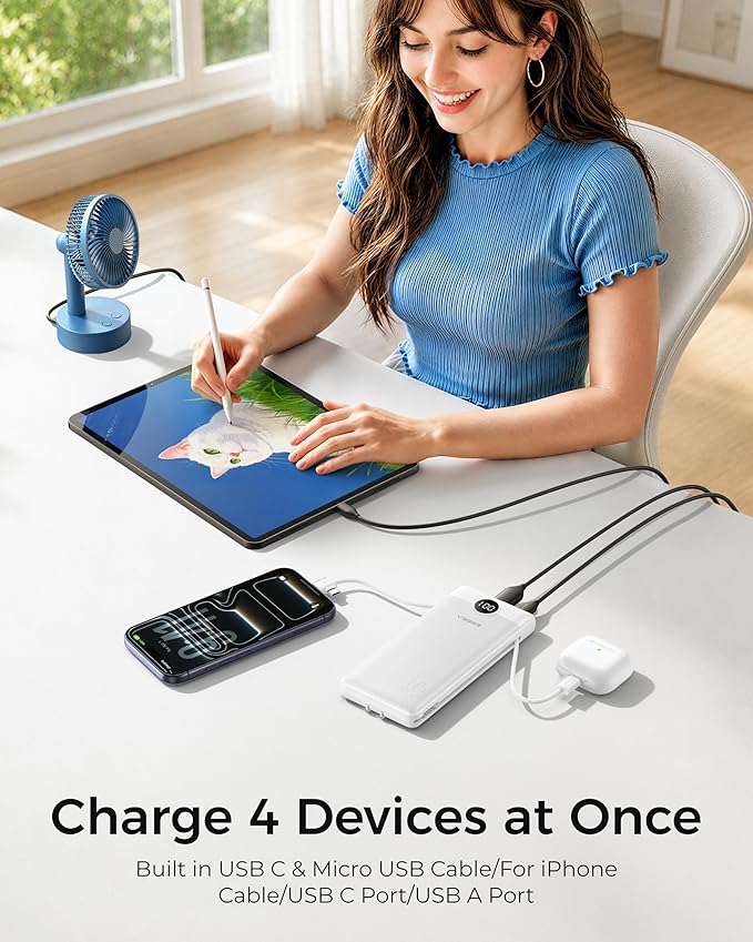 VEGER Portable Charger with Built-in AC Plug and Cables, All in One 10000mAh - Image 3