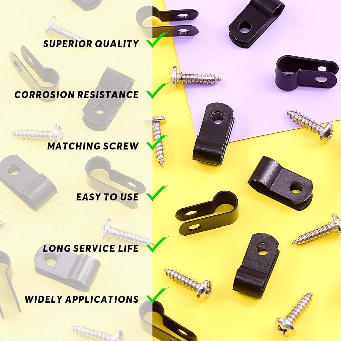 Swpeet 120 Pack Black 1/4 Inch Nylon Plastic R-Type Cable Clips Clamp Kit - Image 6