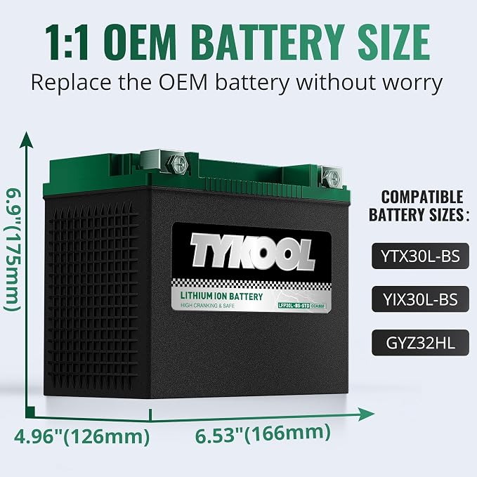 TYKOOL YIX30L-BS-STD, Lithium LiFePO4 Motorcycle Battery 12v, Digital Readout - Image 3