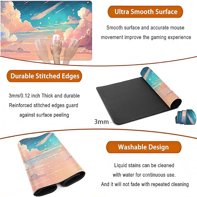 Cool Pink Desk Mat Pastel Clouds Large XXL Gaming Mouse Pad Non-Slip Rubber - Image 5