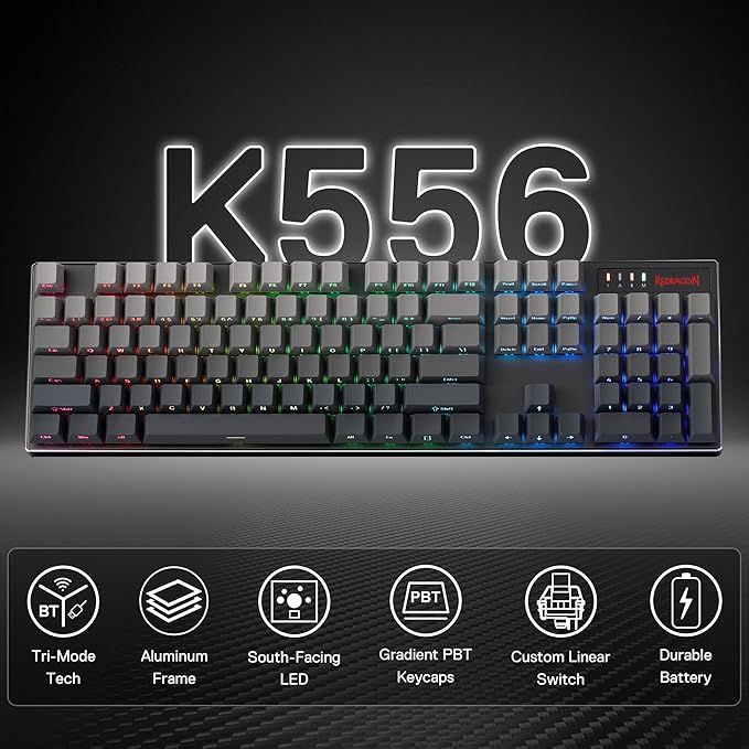 Redragon K556 PRO 104 Keys Wireless RGB Gaming Keyboard, Tri-Mode Aluminum - Image 2