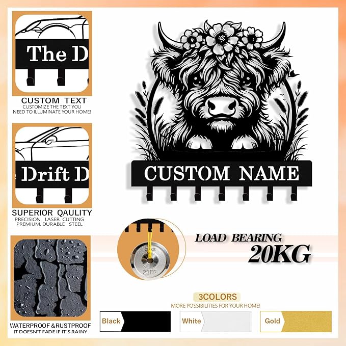 Personalized Highland Cow Key Holder Wall Mount, Custom Metal Key Rack Key - Image 5