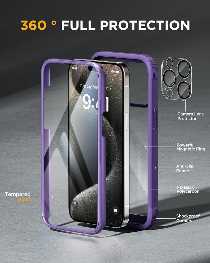 Miracase for iPhone 15 Pro Case Full-Body Built-in Glass Screen Protector& - Image 2