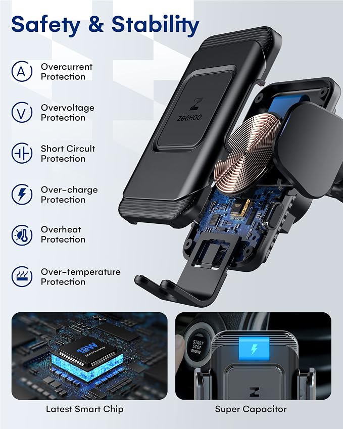 ZeeHoo Wireless Car Charger, 15W Fast Charging Auto-Clamp Car Mount, Windshield - Image 6