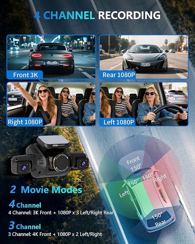 Dash Cam 4 Channel Front and Rear Inside, 360° Car Camera 4K UHD, Dash Camera - Image 4