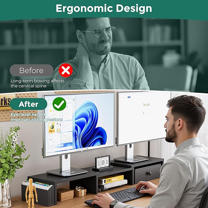 Dual Monitor Stand Riser, Adjustable Length & Swivel Angle Monitor Stand - Image 4