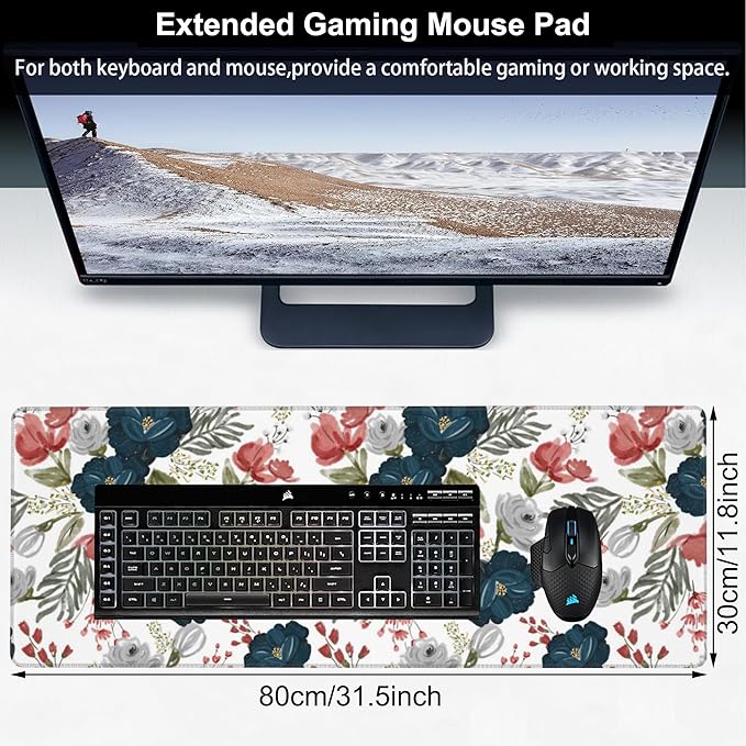 Watercolor Flowers Desk Mat, Large Colorful Floral Gaming Keyboard Mouse Pad - Image 2