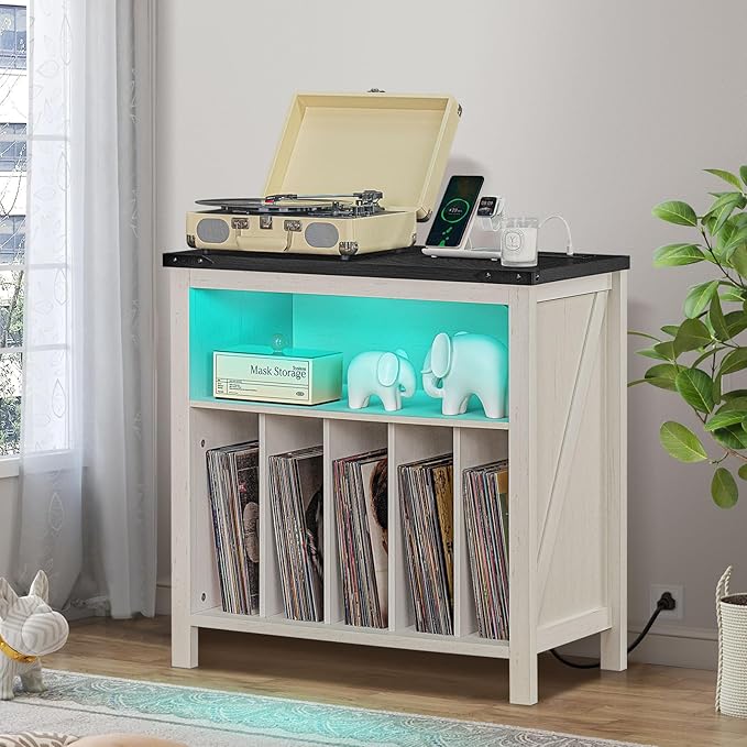 Large Record Player Stand with Charging Station & LED Lights, Vinyl Records - Image 7