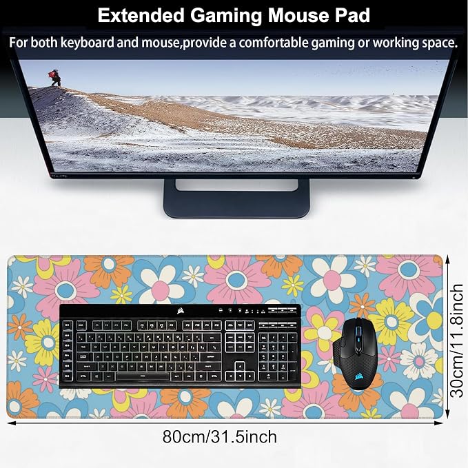 Colorful Retro Flowers Desk Mat, Large Cute Floral Gaming Keyboard Mouse Pad - Image 2