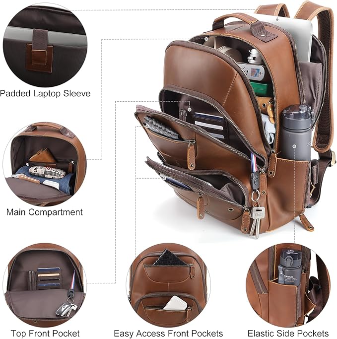 TIDING Brown Leather Travel Backpack - Image 3