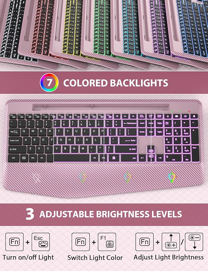 Wireless Keyboard and Mouse Backlits, Wrist Rest, LED Mouse, Rechargeable - Image 2