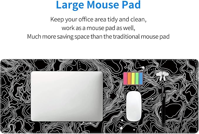 Black with White Topographic Line Large Mouse Pad, Gaming Keyboard Desk Pad - Image 8