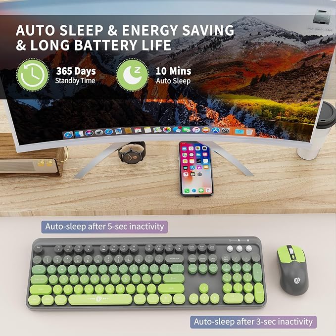 Wireless Keyboard and Mouse Combo, 104 Round Keys Cute Colorful Keyboard and - Image 5