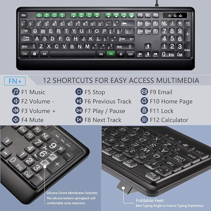 KOPJIPPOM Large Print Backlit Keyboard, USB Wired Computer Keyboard, Full Size - Image 3