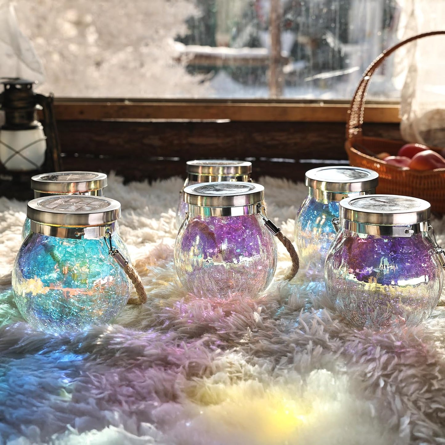 Cooo 2 Pack Solar Lantern Outdoor Waterproof Iridescent Crackle Glass with 215% Larger Solar Panel, Stainless Steel Lid – Rainbow Glass Hanging Light with Cool White LED for Garden Patio Table