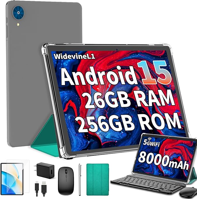 Android 15 Tablet with Keyboard, 26GB+256GB, 10.1 Inch Tablet 8000 mAh Battery by YLEEBG