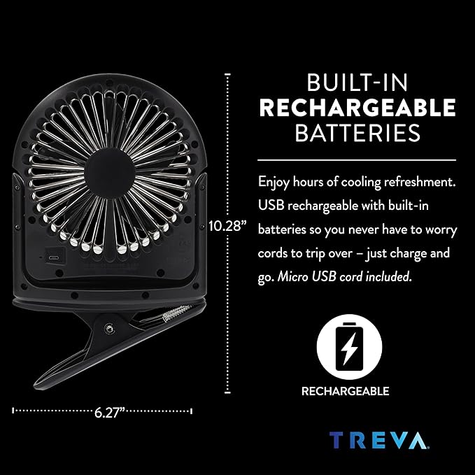 Treva 5 Inch Rechargeable Powered Clip Fan 3 Speed Slim and Portable Indoor and - Image 6