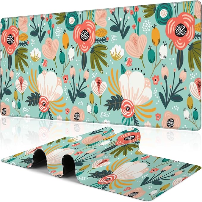 Colorful Flowers and Berries Desk Mat, Large Beautiful Floral Branches Gaming by NIYLYNSYN