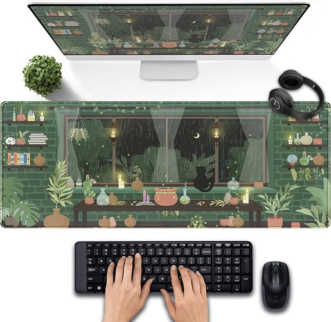 Kawaii Rainy Night Desk Mat Green Plants Gaming Mouse Pad XL, Aesthetic Anime by DSKGSJH