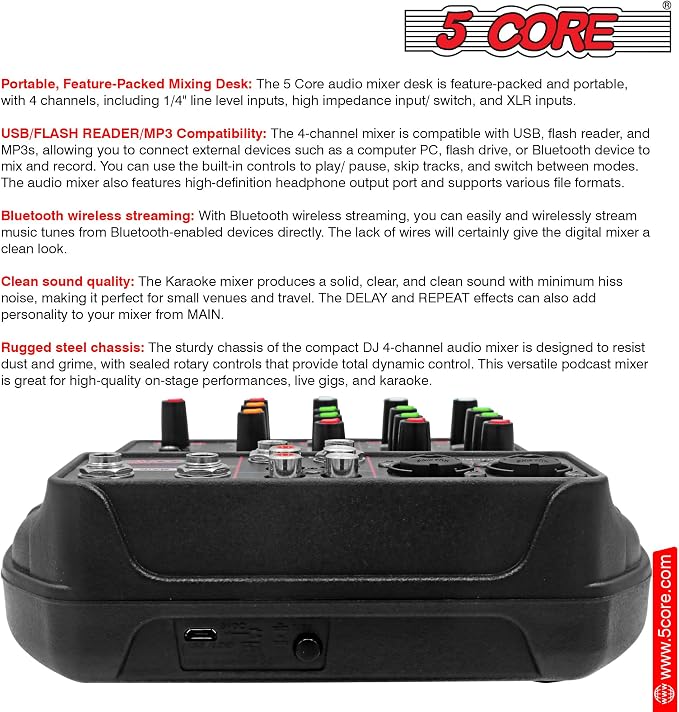 5 Core Audio Mixer 4 Channel DJ Mixing Board Small Bluetooth USB Analog - Image 9