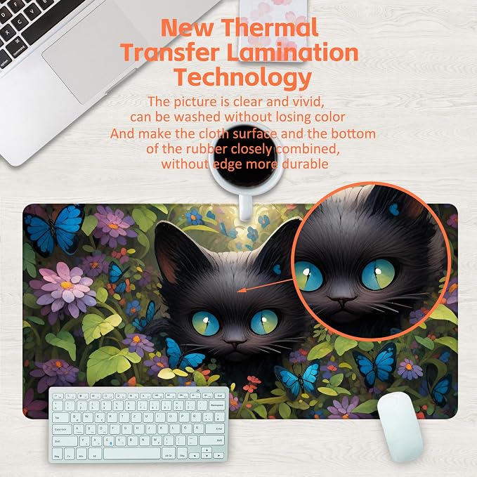 Desk Pad, Cute Black Cat Desk Mat, Cat Among Butterfly Flowers Large Gaming - Image 4