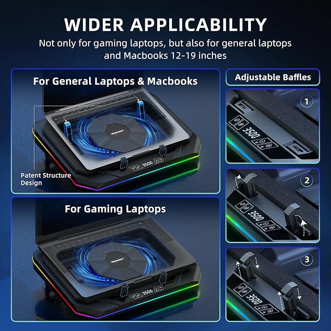 RGB Laptop Cooling Pad with LED Touch Screen, 3500 RPM Turbofan Notebook Cooler - Image 3