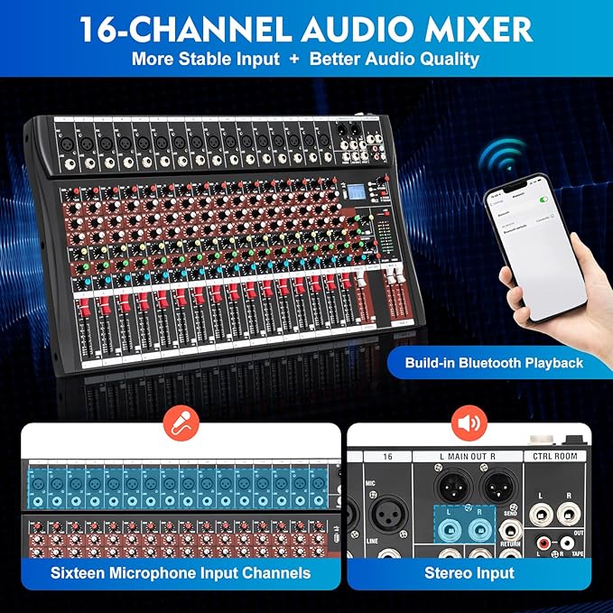 16 Channel Audio Mixer, Mixing Console Sound Mixer DJ Sound Controller - Image 3