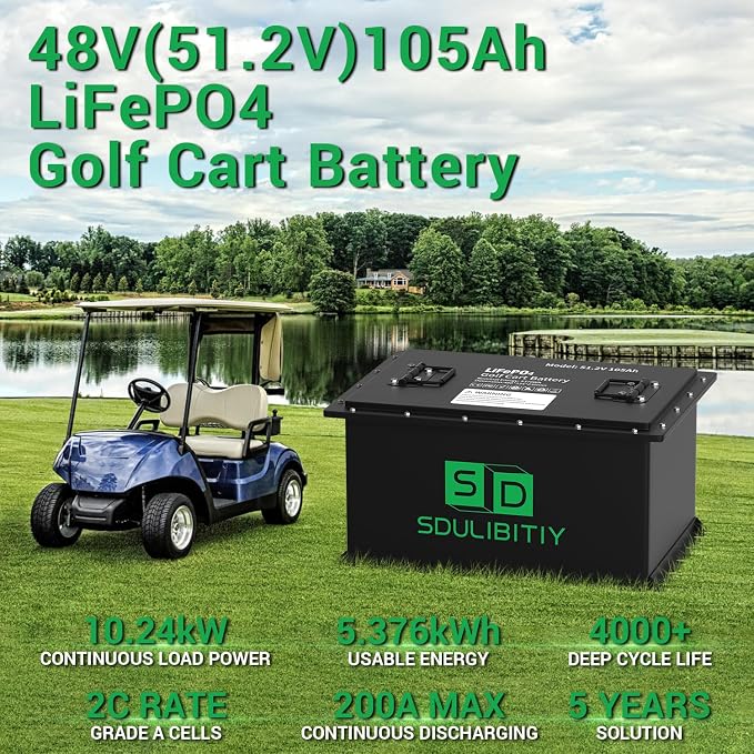 48V 105Ah LiFePO4 Lithium Golf Cart Battery, Built-in Smart 200A BMS, - Image 2