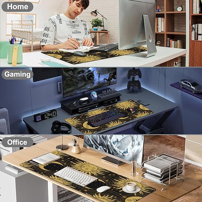 Mouse Pad, Large Golden Sun and Crescent Desk Mat, Extended Non-Slip Gaming - Image 7