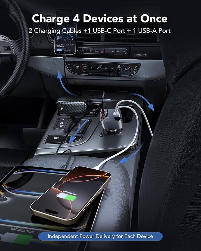 69W Retractable Car Charger, 4-in-1 Fast Car Phone Charger - Image 5