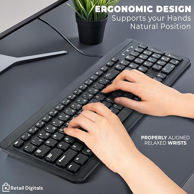 Wired USB Keyboard | Full-Sized | Ergonomic | Soft Typing | QWERTY Layout | - Image 4