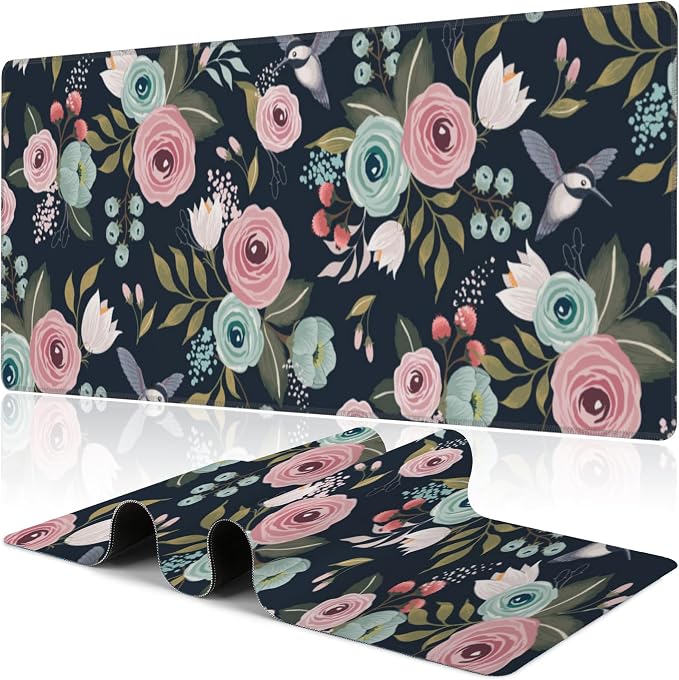 Colorful Flowers and Birds Desk Mat, Large Spring Floral Bird Gaming Keyboard by NIYLYNSYN