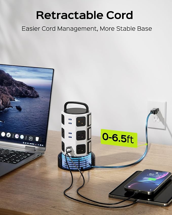 Power Strip Tower Surge Protector, JACKYLED 12 Outlets 6 USB Charging Station - Image 3