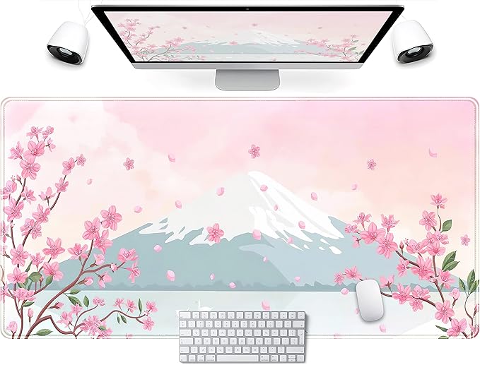 Japanese Desk Mat Pastel Pink Cherry Blossom Mouse Pad Mt Fuji Japan Large by LuckyCow