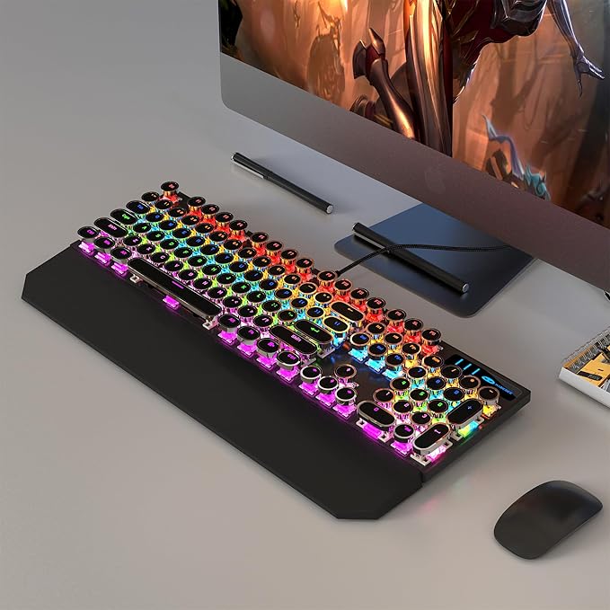 MageGee Typewriter Mechanical Gaming Keyboard, Retro Black Punk Round Keycaps - Image 6