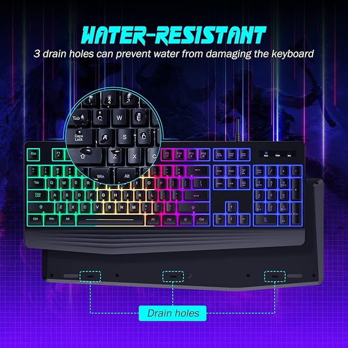 Gaming Keyboard, 7-Color Rainbow LED Backlit, 104 Keys Quiet Light Up Keyboard - Image 6