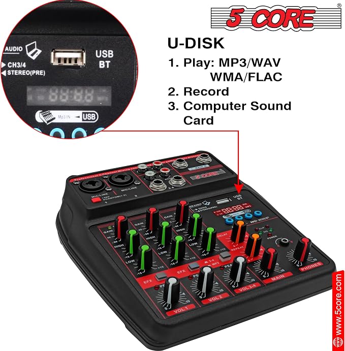 5 Core Audio Mixer 4 Channel DJ Mixing Board Small Bluetooth USB Analog - Image 4