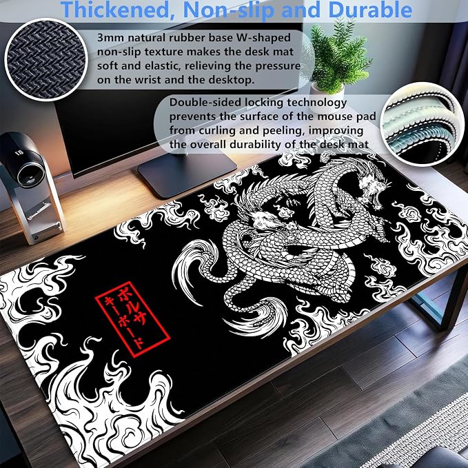 Black and White Mouse Pad Extra Large Gaming Mousepad XL Dragon Desk Mats - Image 3