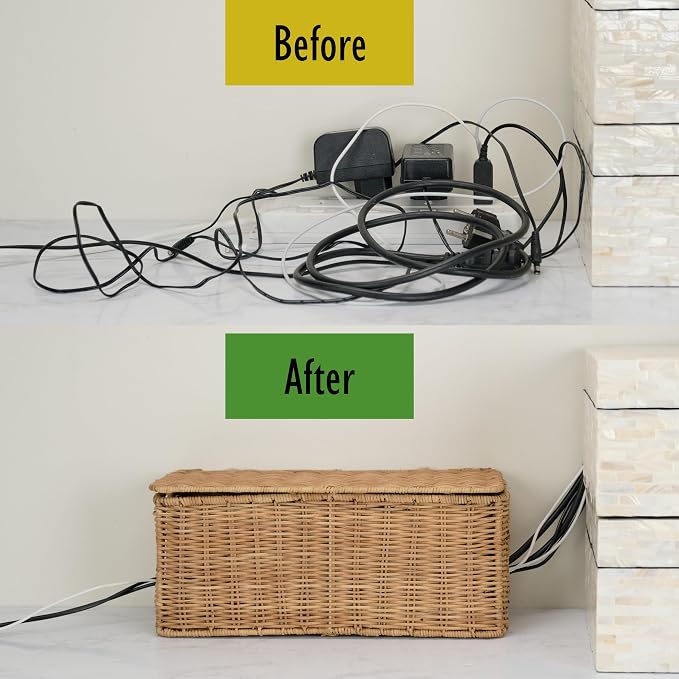 PEMAR Natural Rattan Wicker Cable Management Box, Cable Organizer, 2 Open Slots - Image 6
