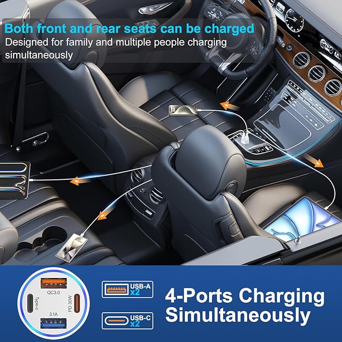 USB C Fast Car Charger, 65W 4-Port Dual USB-C & USB-A Multiport Car Phone - Image 4