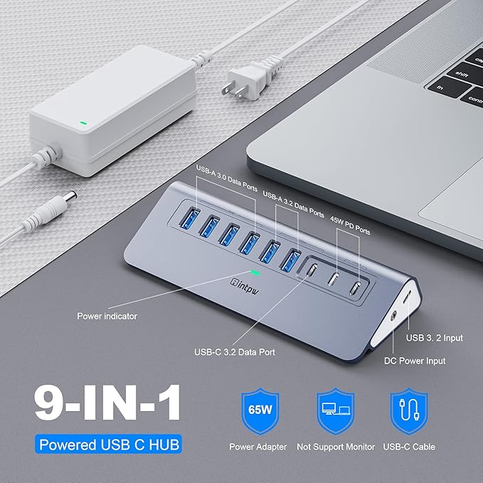 Powered USB Hub 10Gbps, intpw YH6AC 9-Port USB HUB - Image 2