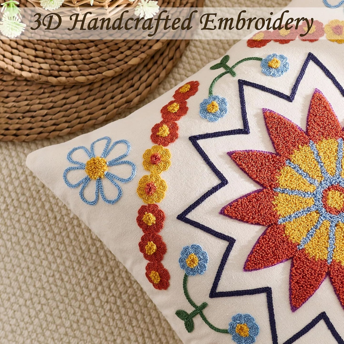 Embroidered Throw Pillow Cover 20x20 Classic Fall Boho Floral Pattern Pillows Cover Outdoor Decorative Pillowcase,Durable Cozy Textured Cushion Case for Sofa Couch Bed Living Room,Orange