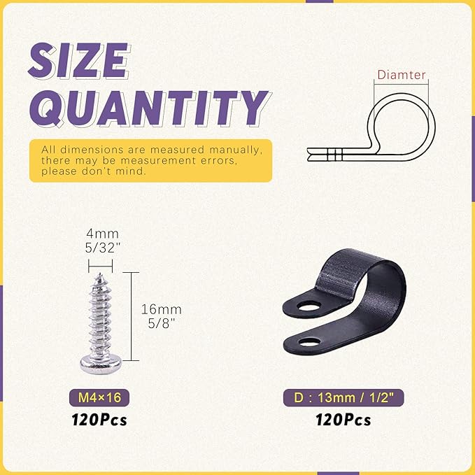 Swpeet 120 Pack Black 1/2 Inch Nylon Plastic R-Type Cable Clips Clamp Kit - Image 2