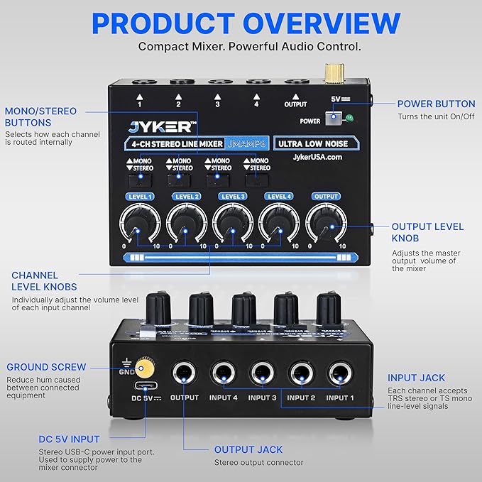 Jyker 4 Channel Stereo Line Mixer, Compact Audio Mixer TS/TRS Line Level Sources - Image 2