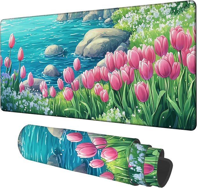 Large Mouse Pad Blooming Tulips Gaming Desk Pad Computer Keyboard Non-Slip by Unknown