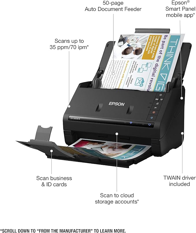 Epson Workforce ES-500W II Wireless Color Duplex Desktop Document Scanner - Image 3