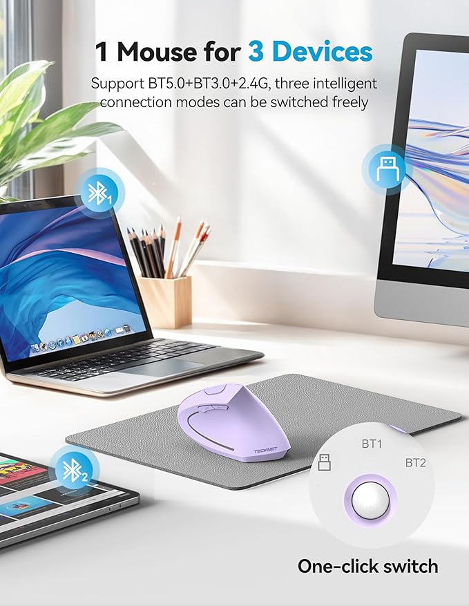 TECKNET Ergonomic Mouse, Rechargeable 2.4G+Bluetooth Vertical Mice 6 DPI - Image 2