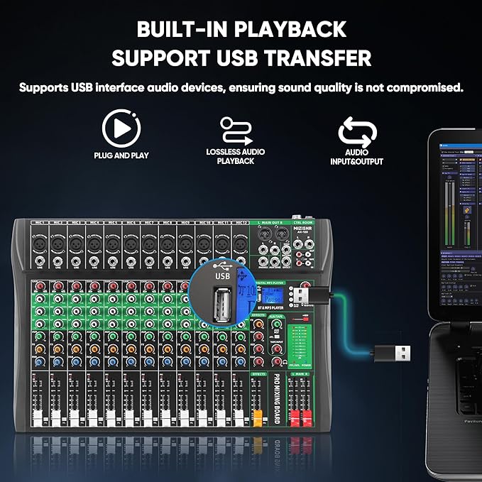 12 Channel Audio Mixer, Professional DJ Mixer Board Sound Music Mixing Console - Image 5