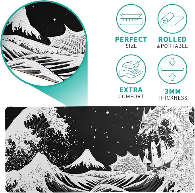 Black and White Japanese Wave Dragon Gaming Mouse Pad - Image 5